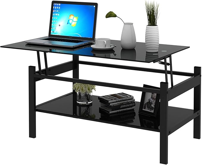 Lift Top Coffee Table, Modern Simple Black Tempered Glass Coffee Tables for Living Room Size 37.8"(W) x 21.6"(D) x 17.72"(H)
