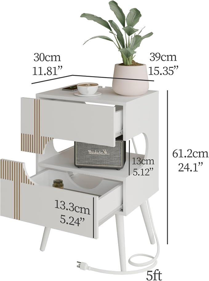 JOONEE White Nightstand with Charging Station and LED Lights,Modern Bedside Table with 2 Storage Drawer,Night Stand with Solid Wood Legs,White (White-2) - Image 2