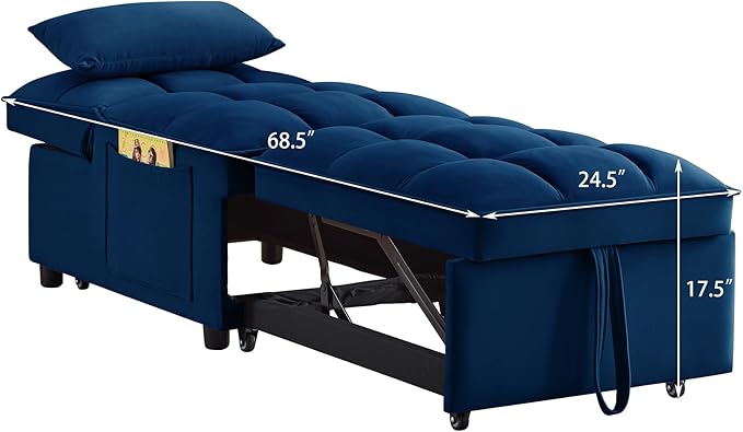 3 in 1 Convertible Sleeper Sofa Chair, Velvet Tufted Single Pull Out Couch Bed with Adjustable Backrest and Pillow, Multi-Function Chaise Lounge with Pockets, for Livingroom, Home Office,Navy