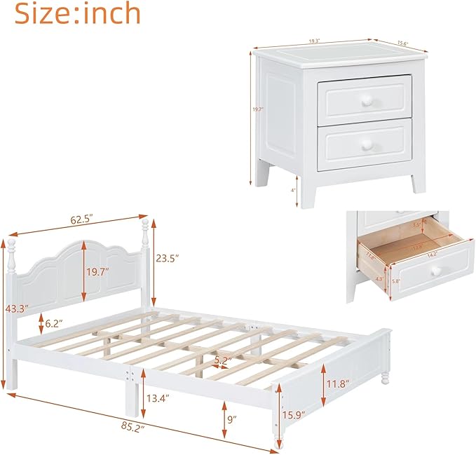 Harper & Bright Designs 3 Pieces Queen Bedroom Sets, Wooden Queen Size Platform Bed Frame with 2 Nightstands, Retro Design Queen Bedroom Furniture Sets, Easy to Assemble,White