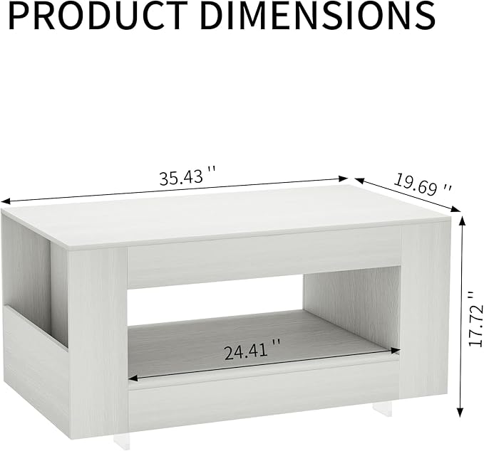 35" Wood Coffee Table for Living Room, Sides Storage with Transparent Legs, Minimalist Modern 2-Tier Storage Shelf Center Table for Home Office, Apartment, White