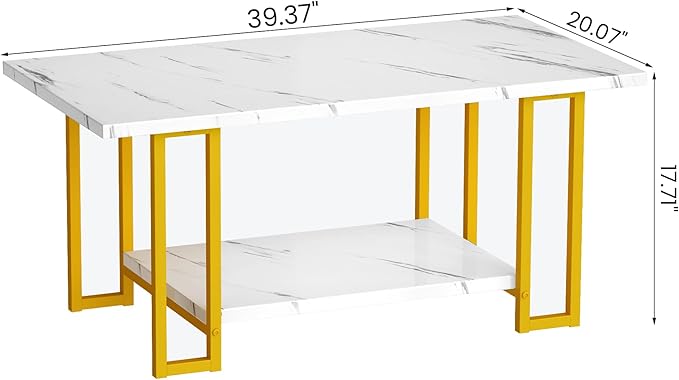 AWQM Marble Coffee Table, Faux Marble Top Rectangular Coffee Table with Gold Metal Frame, 2 Tier Living Room Table for Living Room, Office, Balcony, 40 Inch, White and Gold