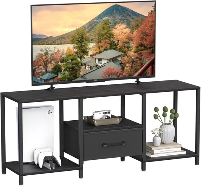 JARHETUN TV Stand with Fabric Drawer for 55 Inch TV, Entertainment Center with Open Shelves, Media TV Console Table for Living Room, Bedroom, Black by JARHETUN