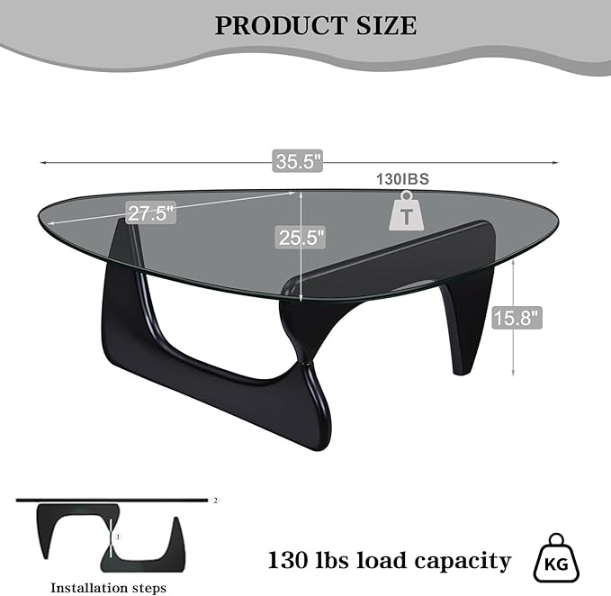 Black Glass Coffee Table for Living Room, Mid Century Modern Coffee Table with Tempered Glass Top and Solid Wood Base, Farmhouse Center Table for Small Space, Tea Tables