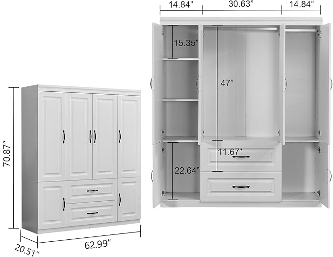 Wooden Armoire Wardrobe Closet White Large Capacity Storage Tall Clothes Cabinet with 4 Doors, Armoires and Wardrobes with 2 Drawers, 2 Hanging Rods and Shelves for Bedroom Armoire, White