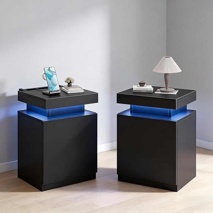Nightstands Set of 2, 17.7 Inches LED Night Stand Set 2 with Charging Station, Bedside Table with Sliding Top Storage, Modern End Table for Bedroom, Black by Unknown