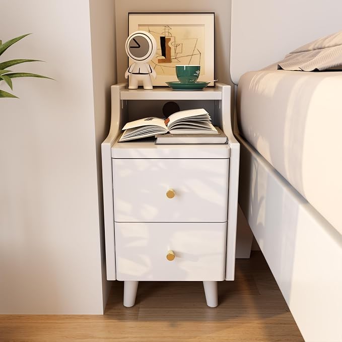 Narrow Nightstand with 2 Drawers,White Nightstand,Bedside Table,Solid Wood Modern Bedside Table for Bedroom,Study,Toilet - Image 5
