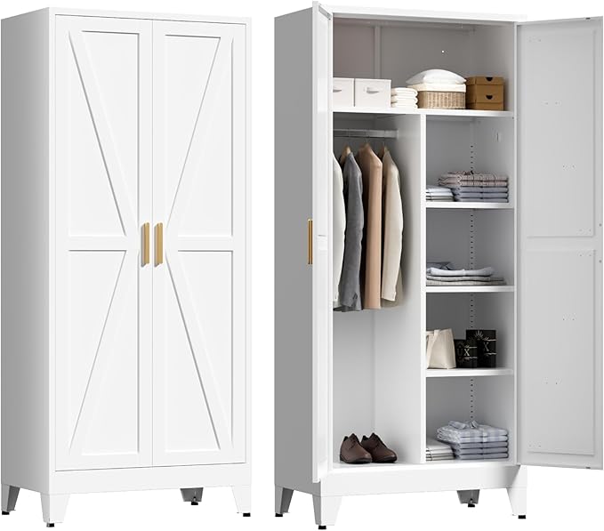 LCAOPC 71" Tall Metal Wardrobe Closet with Adjustable Shelves and Hanging Rod, 2 Doors Office Storage Locker Cabinet for Home, Office, Bedroom, Laundry Room, White