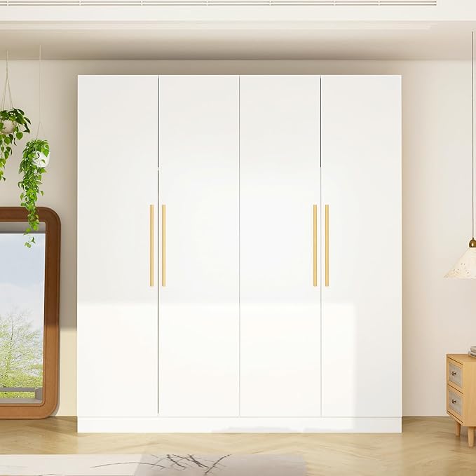 FUFU&GAGA Wardrobe Closet with 4 Doors, White Bedroom Armoire with Shelves, 2 Hanging Rods, Modern Clothes Storage Cabinet with Wood Handles for Guest Room Cloakroom, 63”W x 19.7”D x 69.7”H