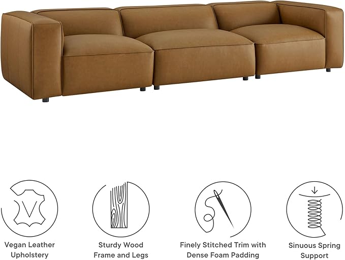 Modway Auren Vegan Leather 3 Piece Modular Sofa in Camel - Faux Leather 3 Seater Couch - Comfy Mid Century Modern PU Leather Sofa for Living Room, Apartment, Loft