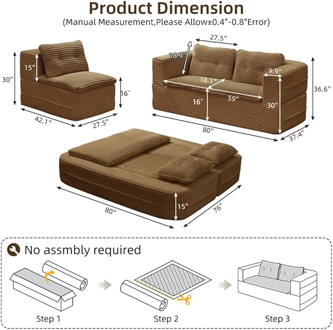 80" Convertible Sectional Sofa Bed, 3-in-1 Folding Floor Couch with Convertible Chaise Lounge, Plush Corduroy Sleeper Sofa for Living Room and Bedroom, No Assembly Required (Camel)