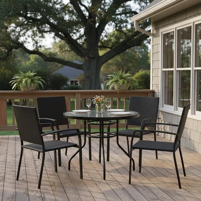 Tangkula 32" Round Outdoor Table with Tempered Glass Top, Patio Dining Table with Umbrella Hole & Metal Frame, Outside Bistro Table for Backyard, Lawn, Deck & Poolside - Image 5