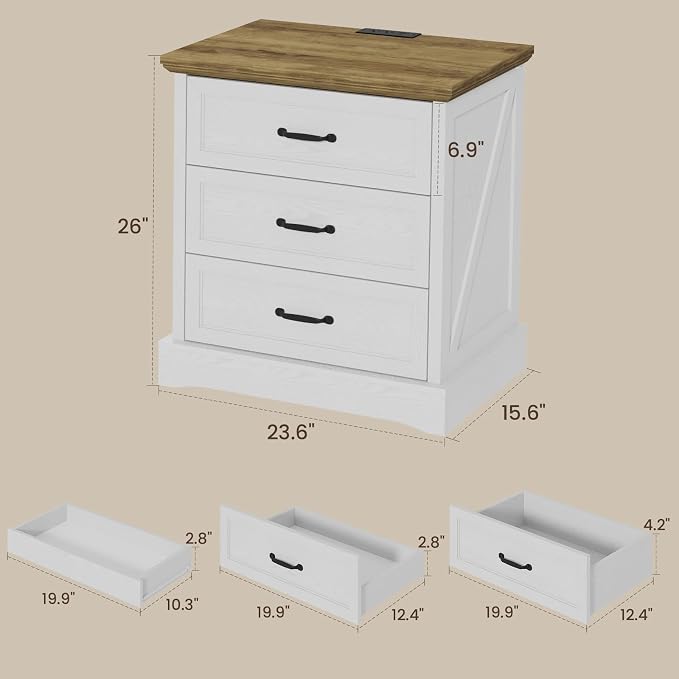 Farmhouse Nightstand with Charging Station and Hidden Drawer, 23.6" W Bedside Table with 4 Drawers, Night Stand for Bedroom, Home Office, White & Brown - Image 3