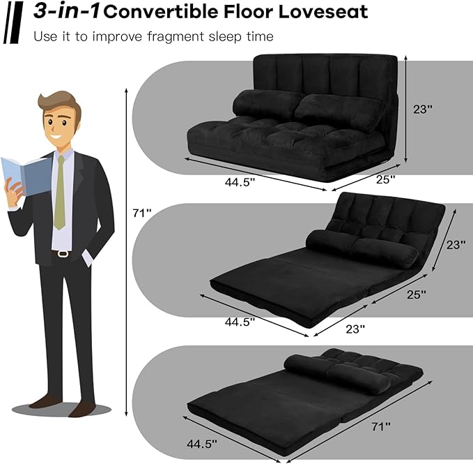 KOMFOTT Adjustable Floor Sofa Bed, Foldable Lazy Sofa Sleeper Bed with 6 Position Backrest & 2 Pillows, Convertible Futon Couch Bed with Suede Cloth Cover, Lounge Recliner for Living Room (Black)