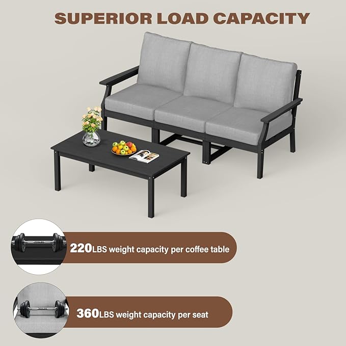 HDPE Patio Conversation Set, 4-Piece All Weather Outdoor Furniture Set with 3-Seater Modular Sofa for Deck, Lawn, with Cushion, Black