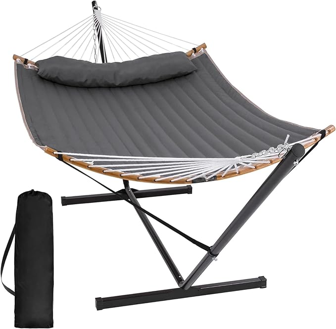 SUNCREAT Double Portable Hammock with Stand, 2 Person Hammock with Curved Spreader Bar, Balance Ropes Included, Dark Gray by SUNCREAT