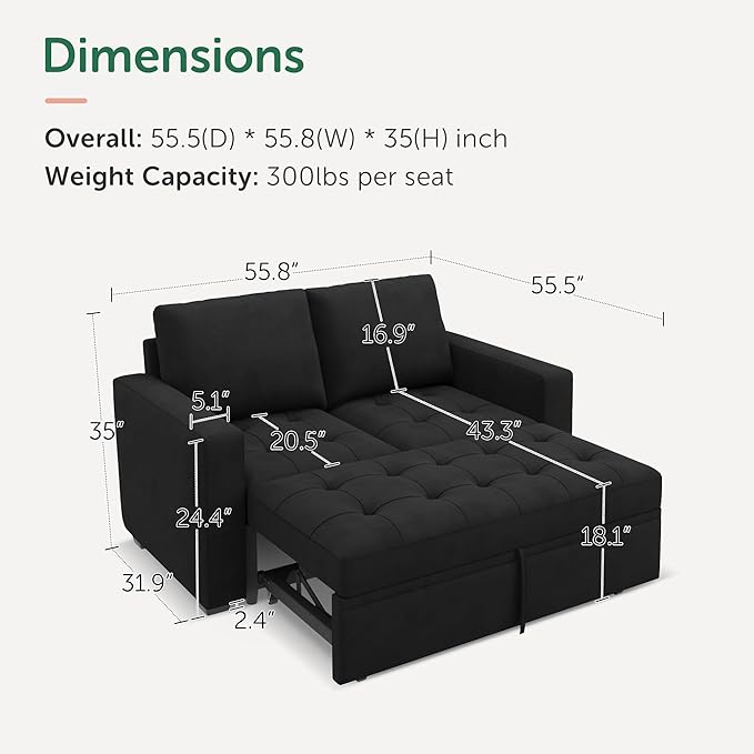 HONBAY Modular Sleeper Sofa with Pull Out Bed Sleeper Loveseat Convertible Sectional Couches for Living Room,Velvet Black