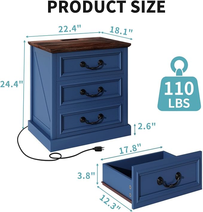 Vipbear 22" Nightstand with Charging Station 3 Drawer Large Blue Farmhouse Night Stand Wood Rustic Bedside End Table with Vintage Smile Handles Storage Space for Bedroom,Closet - Image 2