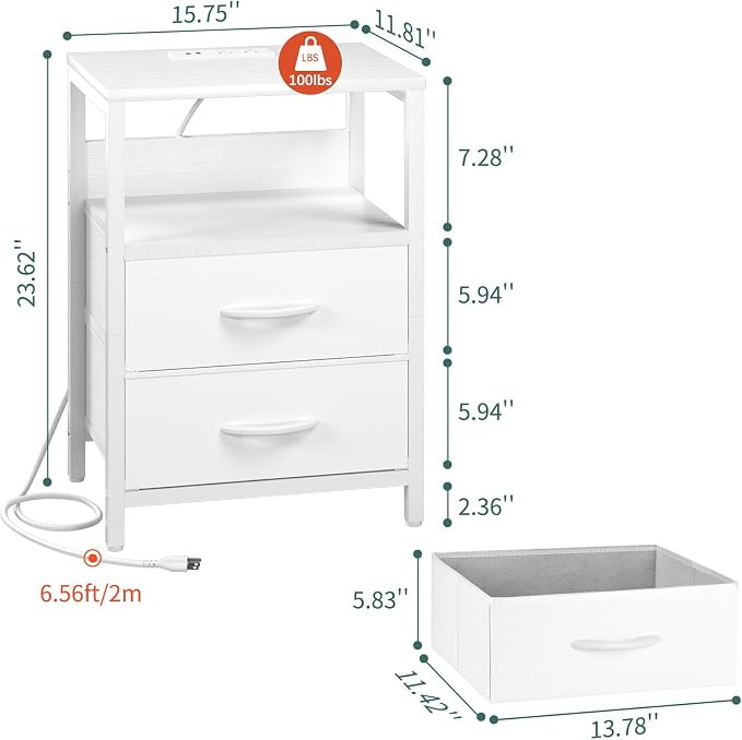 Yoobure Nightstand with Charging Station, LED Night Stand with Fabric Drawers and Storage Shelf for Bedroom, Nightstands Bedside Tables with USB Ports & Outlets, Small Night Stands, Bed Side Table - Image 3