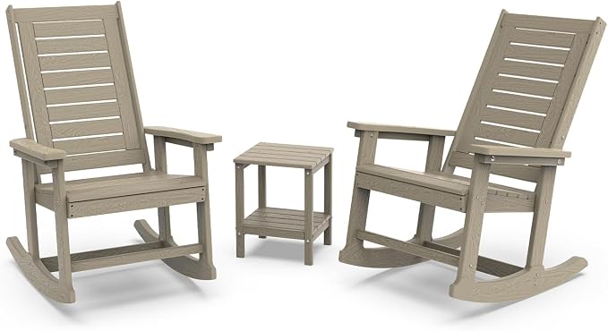 GREENVINES Outdoor Rocking Chair Set | 3-Piece | Desert Brown Wood Grain | 2 Rocking Chairs with 1 Side Table | Porch Rocker | HDPE Plastic | Patio Furniture Sets by GreenVines