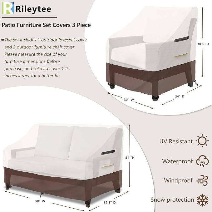 Patio Furniture Covers,3 Piece Heavy Duty Waterproof Outdoor Furniture Cover,Outdoor Furniture Covers for Patio Furniture,Includes 2 Patio chair covers 30in and 1 Patio loveseat cover 58in,Beige - Image 2