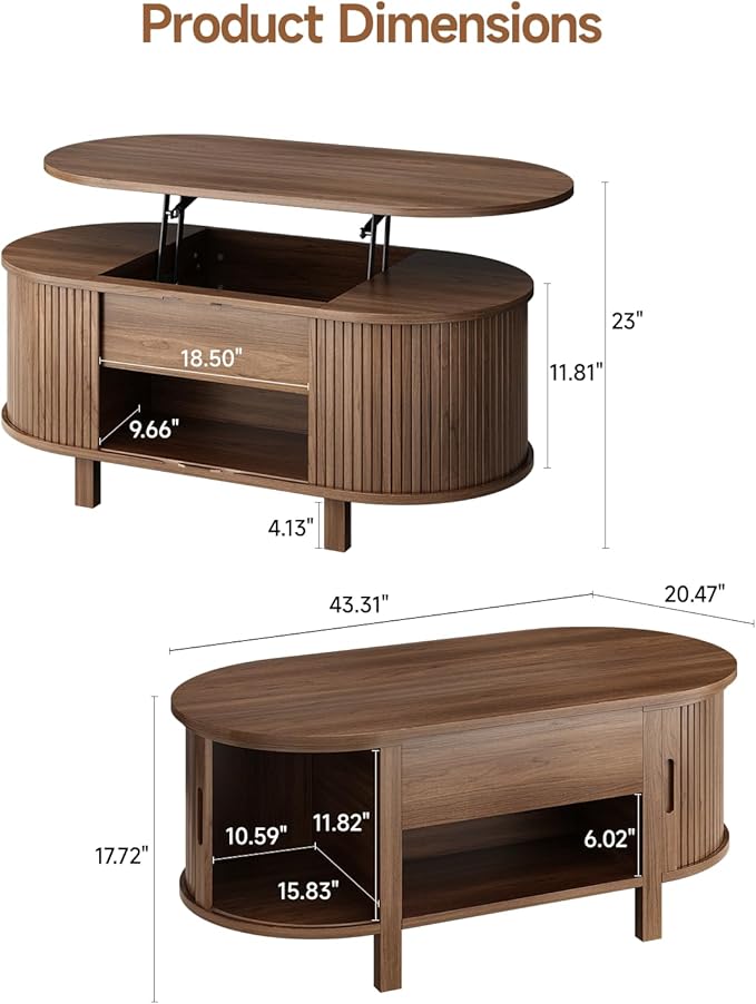 ONBRILL 43.3" Oval Lift Top Coffee Table with Hidden Compartment, Fluted Wood Coffee Table with Sliding Door, Mid-Century Modern Lift Tabletop Dining Table for Living Room, Home Office, Walnut