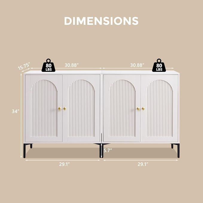IFGET Modern TV Stands for 75 Inch TVs, 61.75‬"W Wood Entertainment Center w/Adjustable Shelves, Mid Century Modern TV Stand w/Arched Fluted Doors, Media Console Cabinet for Living Room, White - Image 2