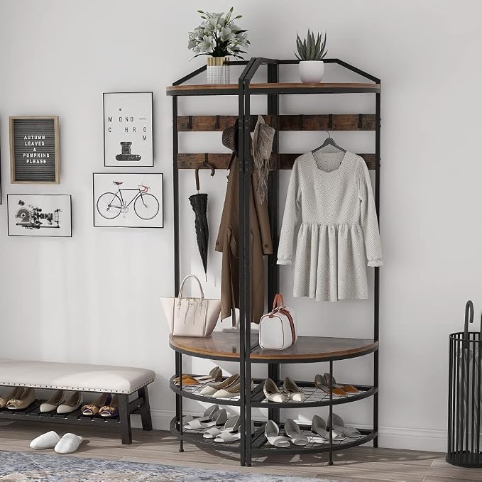 GiftGo Corner Hall Tree with Shoe Bench Entryway Coat Rack with 10 Metal Movable Hooks Floor Standing Clothes Rack Shoes Shelf Organizer for Home Office Bedroom (Rustic Brown) - Image 3