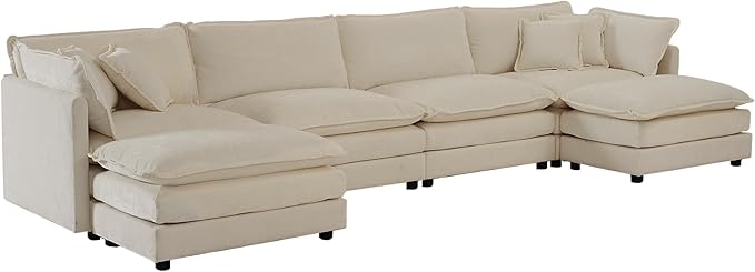 ERYE U-Shaped Oversized Sectional Sofa Modern Deep Seat Reversible Chaises Sofa&Couch with Movable Ottomans and 6 Pillows, Modular Sleeper Upholstered Couch for Living Room, Apartment, Studio, Office