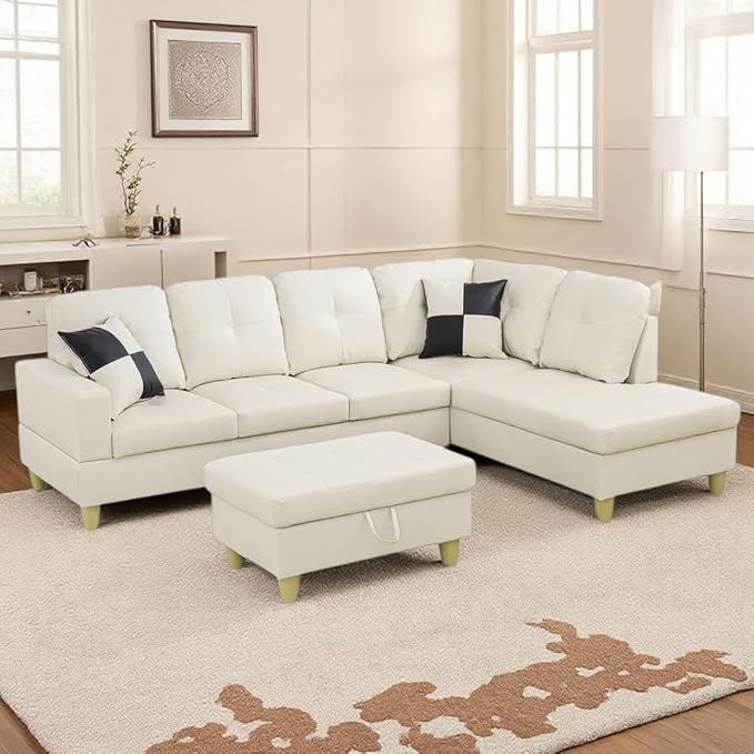 NicBex Modular L-Shaped Sectional Couches, 3-Piece Convertible Couch with Storage Ottoman, 4-Seat Comfy Sofa with Chaise for Living Room & Apartment, Cream White