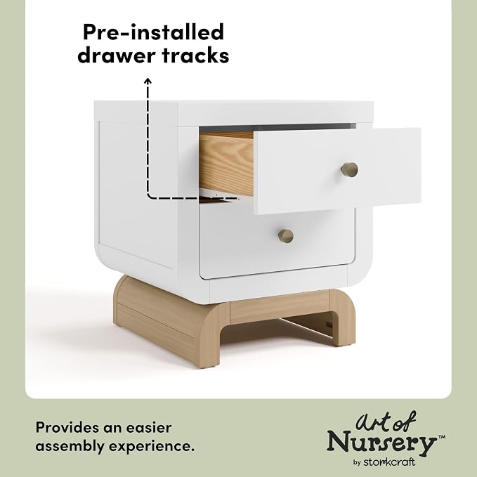 Storkcraft Santorini 2 Drawer Nightstand (White & Driftwood) - GREENGUARD Gold Certified Nightstand for Kids Bedroom, Premium Wood with Curved Base, “Champagne” Metal Knobs - Image 5