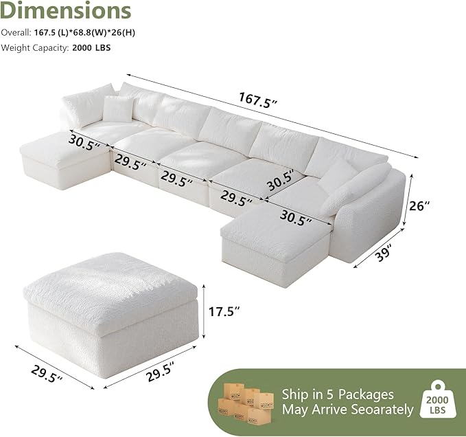 Modular Sectional Sofa Boneless Cloud Couch for Living Room, U Shape Deep Seat Recliner Sofa with Ottoman, Adjustable Backrest & 2 Throw Pillows - Covers Washable, (White, 5 Seater+2 Ottoman)