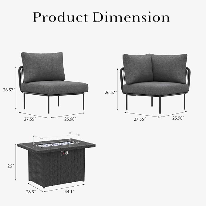 LayinSun 9 Pieces Aluminum Patio Furniture Set, Modern Modular Sectional Sofa with Fire Pit Table and Upgrade Thickness Cushion