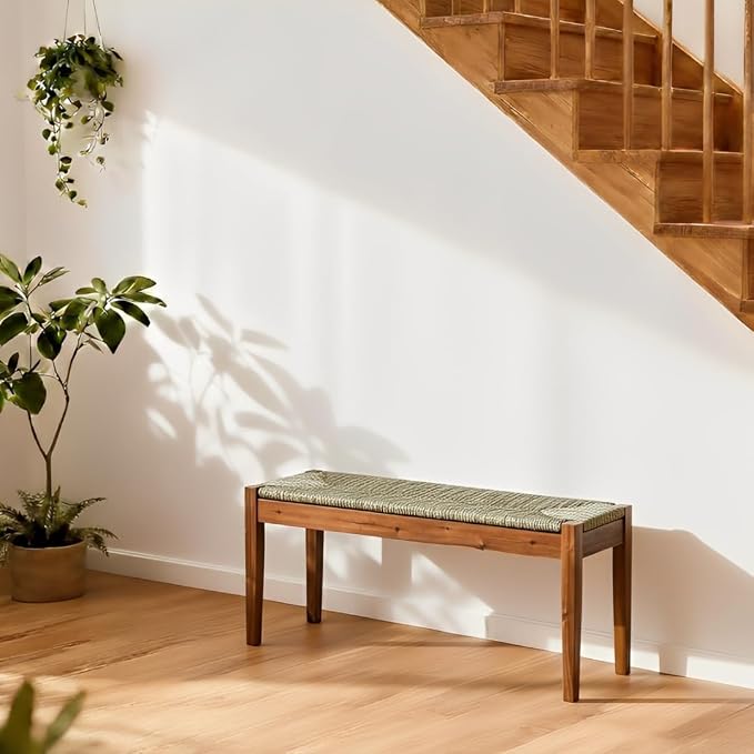 Solid Wood Acacia Indoor Bench with Natural Woven Seat, 45 Inch Wood Bench for Living Room or Entryway, Bedroom End of Bed Bench or Dining Benches, Window Bench - Image 8