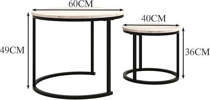 HOJINLINERO Round Coffee Table,Nesting Coffee Table Set of 2,Center Tables for Living Room,Office, Home Small Space,Stacking Side Tables,Sturdy and Easy Assembly,Wood Desktop,Black+White Oak,Small