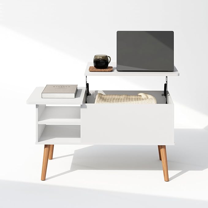 Furinno Jensen Wooden Leg Lift Top Coffee Table with Hidden Compartment and Side Open Storage Shelf for Living Room, Solid White