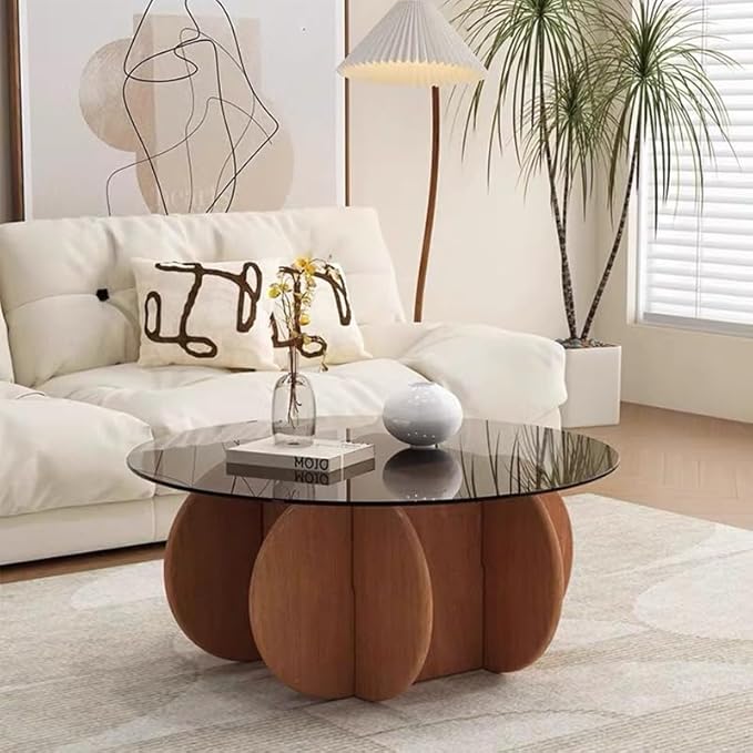 31.5'' Round Glass Coffee Table, Simple & Modern Center Table with Tempered Glass-Top for Small Space, Modern Round Coffee Table for Living Room, Home, Office, Easy Assembly. (Brown + Brown)