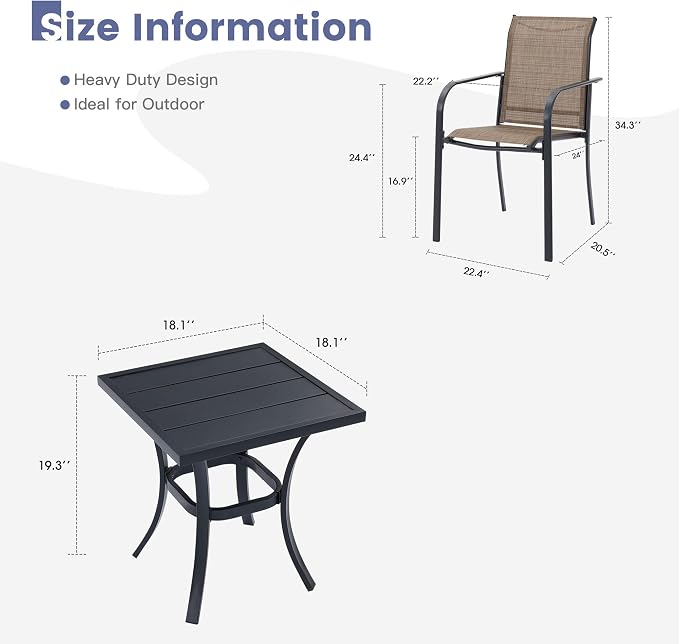 VICLLAX Outdoor Set for 2, Small Patio Table and Chairs Set of Stackable Patio Sling Chairs and Square Dining Table for Front Porch, Brown Fabric and Black Table - Image 6