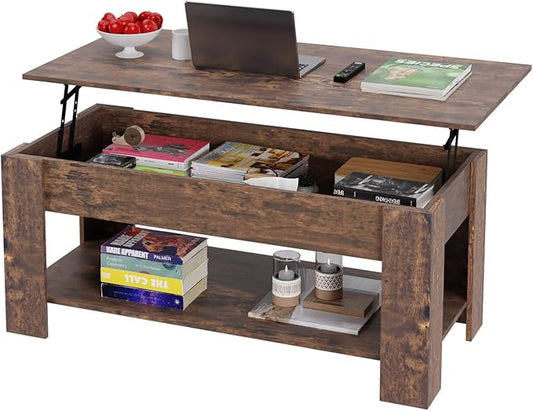 PayLessHere Coffee Table Lift Top Coffee Tables with Hidden Compartment and Storage Shelf Wooden Lift Tabletop Dining Table for Living Room Home (Brown, 47" D x 31" W x 25" H)