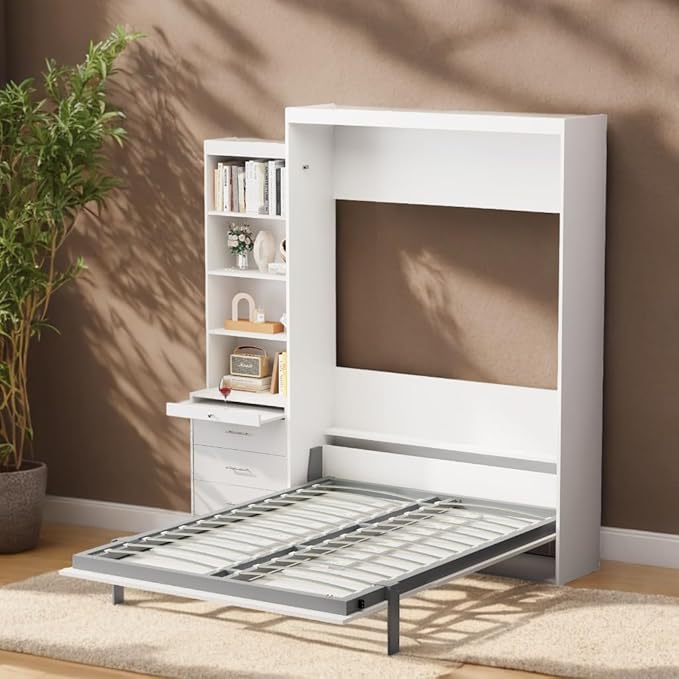 Full Size Murphy Bed Cabinet with Shelf and Drawers, Plywood Hidden Beds,Wall Bedframe for Bedroom,Space-Saving, Noise Free, White