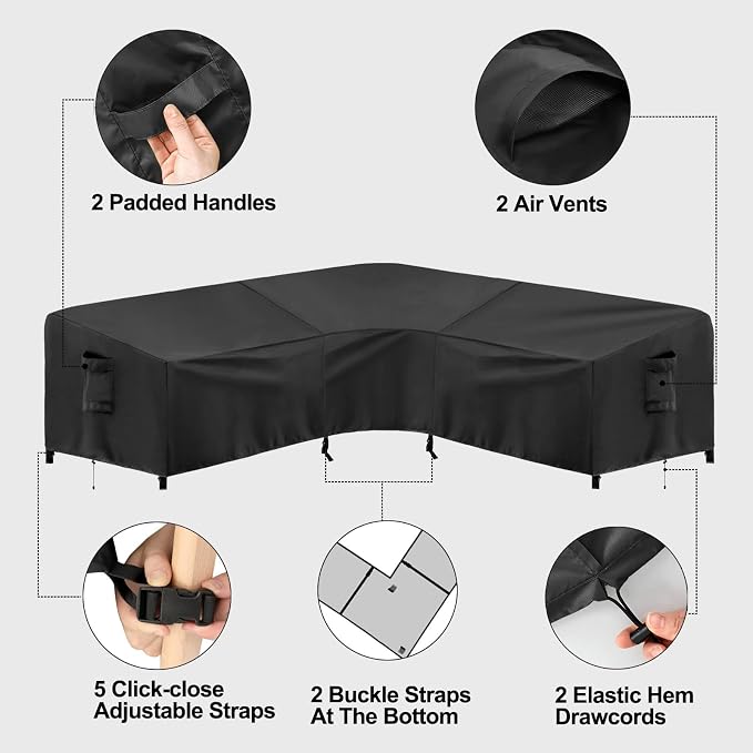 PureFit Outdoor Sectional Sofa Cover Waterproof V Shaped Patio Furniture Covers for Deck, Lawn and Backyard, 89”x89”, Black - Image 5