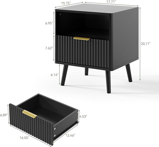 LYNSOM Fluted Dresser and Nightstand Sets 3 Piece, 7-Drawers Dresser and 1-Drawer Nightstands Set of 2, Wood Bedroom Furniture Set for Home, Bedroom, Hallway, Black