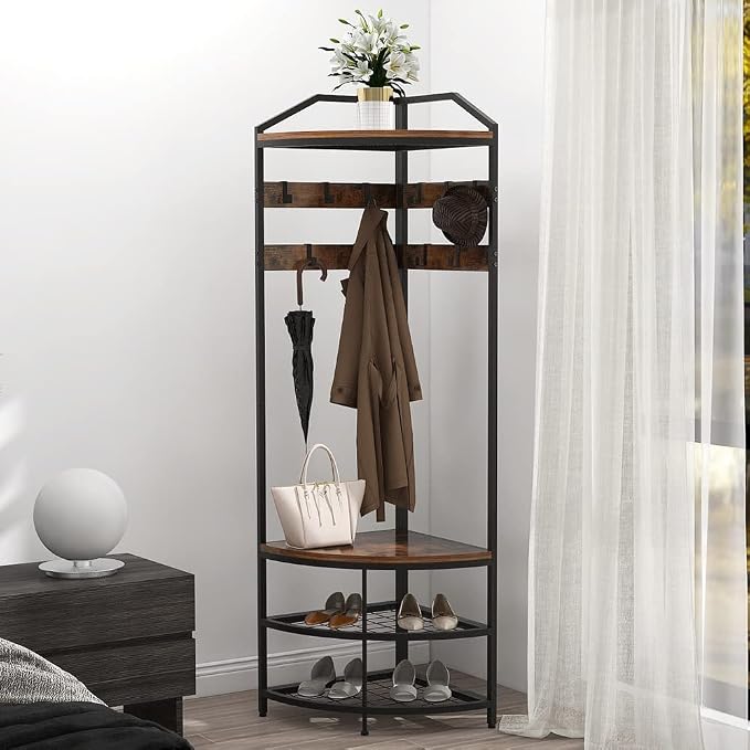 GiftGo Corner Hall Tree with Shoe Bench Entryway Coat Rack with 10 Metal Movable Hooks Floor Standing Clothes Rack Shoes Shelf Organizer for Home Office Bedroom (Rustic Brown) - Image 2