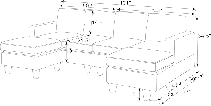 Ball & Cast 101" Convertible U Shaped Couch with Ottoman, Corduroy 4 Seater Modular Sectional Sofa, Corner Sectional Couches for Living Room,Office, Green