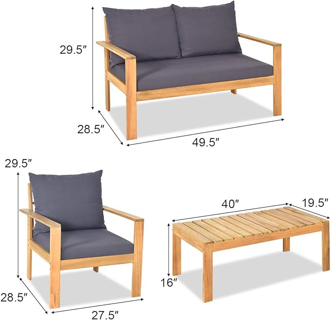 Tangkula Outdoor 4-Piece Acacia Wood Chat Set, 4 Seater Acacia Wood Conversation Sofa and Table Set with Waterproof Furniture Cover, Teak Finished (1, Grey)