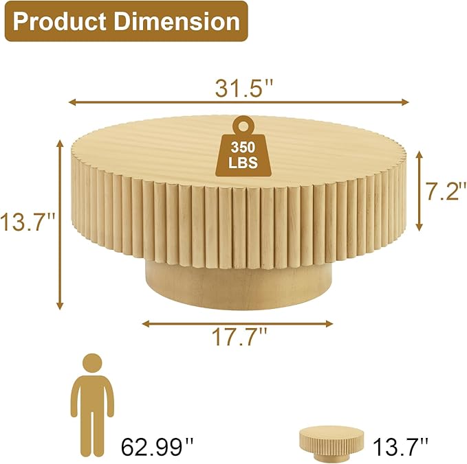 Rovibek Fluted Round Coffee Table, 31.5" Modern Wooden Coffee Table with Fluted Base, Circle Accent Center Table for Living Room Apartment Office Small Space, Easy Assembly (Natural)