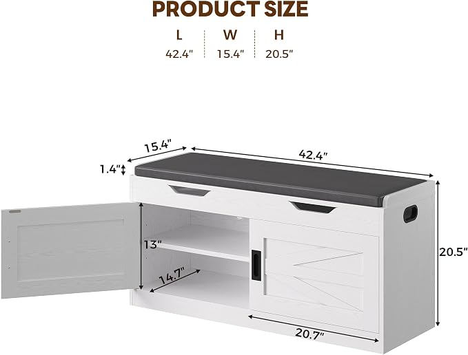 IRONCK Shoe Bench with Lift Top Storage, 42.4" Entryway Bench with Wider Cushioned Seat, End of Bed Bench with Adjustable Shelf & 2 Doors for Hallway, Bedroom, White - Image 2