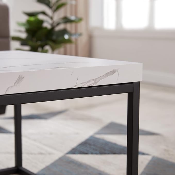 CENSI 47-Inch White Marble Coffee Table Ottoman Center Table for Living Room, Rectangle Modern Industrial Style,Wood and Metal (Marble)