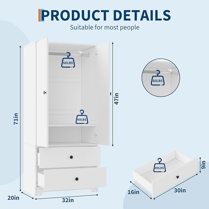 TROPOW Wood Armoire Wardrobe Closet, 71" Wood Clothing Storage Cabinets with 2 Doors, 1 Adjustable Shelf and 2 Drawers, Wardrobe Cabinet with Hanging Rod for Bedroom, Gym, Cloak Room, White
