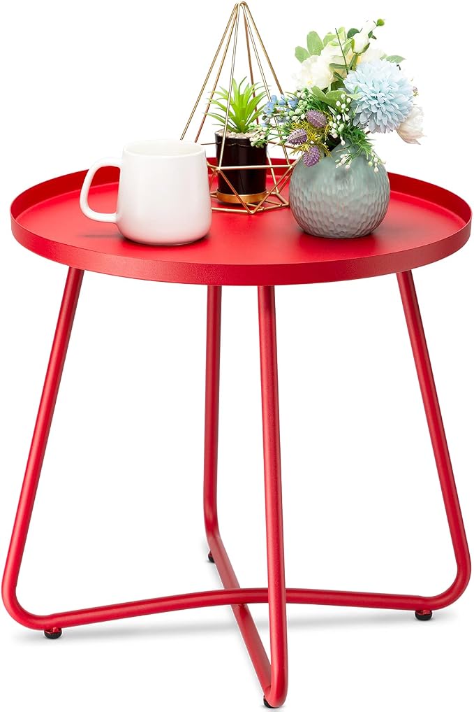 danpinera Outdoor Side Tables, Weather Resistant Steel Patio Side Table, Small Round Outdoor End Table Metal Side Table for Patio Yard Balcony Garden Bedside (Red) by danpinera